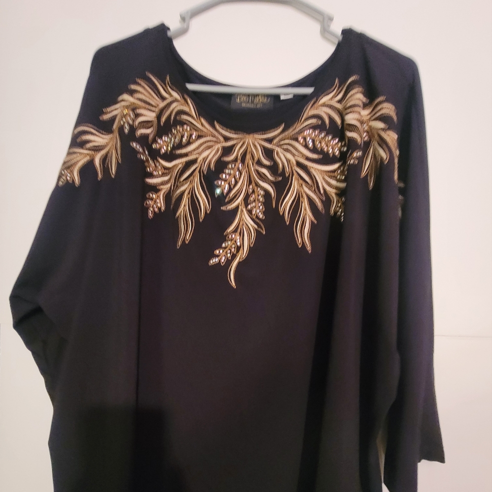 Bob Mackie Womans 2X Bedazzeled Gold Foliage Wrinkle-resistant 3/4 Sleeve Top